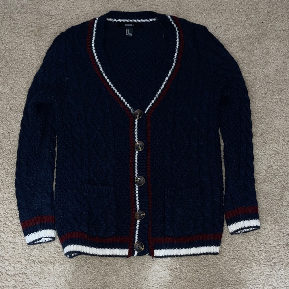 Forever 21 Navy Blue Cardigan with Red and White Trim